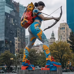 a woman with blue body paint and yellow boots holding an arrow
