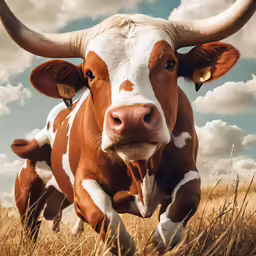 an image of a bull with big horns standing in the grass