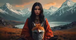 a young woman poses with a horse in a meadow and mountain scene
