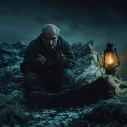 the man is sitting down on the ground, looking at a lantern