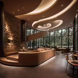 an elegant dining room and a curved staircase