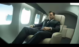 a man in suit and tie sitting on an airplane