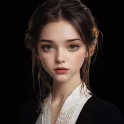 a girl with dark hair and white blouse looking off into the distance