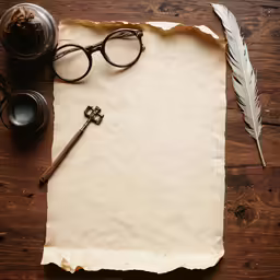 old parchment paper, eyeglasses, and pen on a table