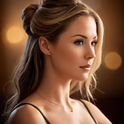 a beautiful woman with a messy ponytail and jewelry