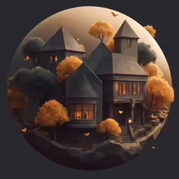 a painting of a house surrounded by trees