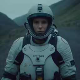 a woman in an astronaut suit walking on the road
