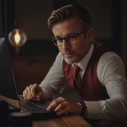 a man is sitting at a table in front of a laptop computer