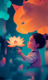 a young girl stands under colored air blown by balloons
