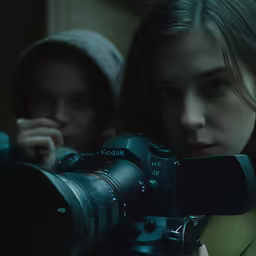 two women are taking pictures with cameras while the one has a hood on her head