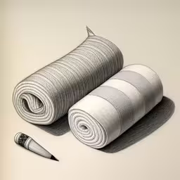 a pencil drawing of rolled up fabric,two rolled up sheets next to a pen on top of a surface