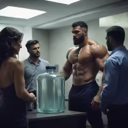 two men standing behind a large bottle of water and two women looking at them