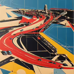 an abstractly painted poster of a freeway crossing