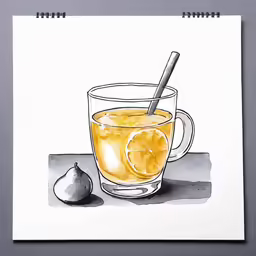 a drawing of a glass of tea with a spoon