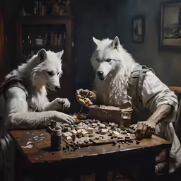 two white dogs playing a game with wooden boxes