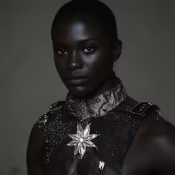 a woman is holding a silver brooch while posing