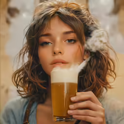 a woman holding a glass of beer with steam coming out of her mouth