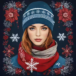 a woman in a blue hat, scarf and scarf,the girl wearing a hat and scarf with flowers in background
