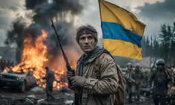 a soldier holding two sticks near a burning car in front of it