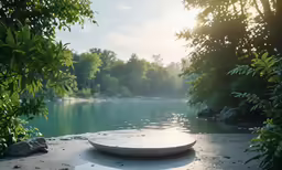 a round object sitting on top of a rock near water