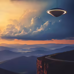 a street light at the edge of a cliff under a sunset