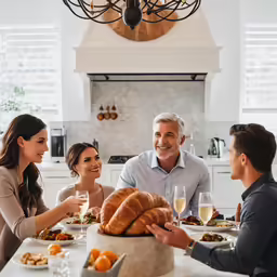 group of people eating food and drinking wine at a dining table