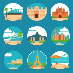 a big set of different types of buildings,six different icons in different colors and shapes
