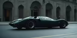 a racing car drives down a city street