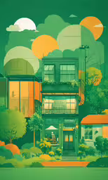 an abstract image of an outside view of a house,a green illustration of three buildings and trees with the sun setting