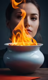 a woman with red lipstick standing behind a bowl with fire coming out