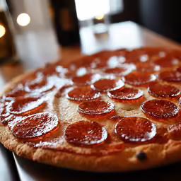 a pepperoni pizza is sitting on a table