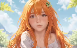 the beautiful redhead haired girl is standing in front of a blue sky