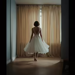 a woman in a short dress looks out of the window