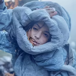 a woman wrapped in a blanket posing for a portrait