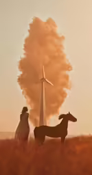 two horses and a woman with a wind turbine in the background