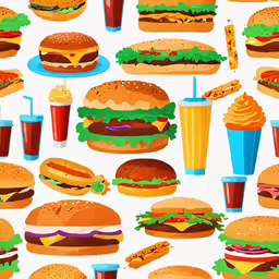 hamburgers and fries with plastic cups on the table,a variety of hamburgers and drinks are shown in this illustration
