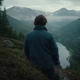 the person is looking over a hill to a lake