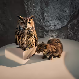 two owls sitting in a cardboard box with a cat