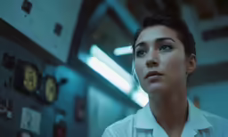 a young woman in a white shirt is looking up