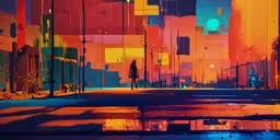 a man is walking down the street near a neon city,colorful image of person walking on side of street