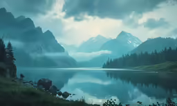 there is a mountain range in the sky and water