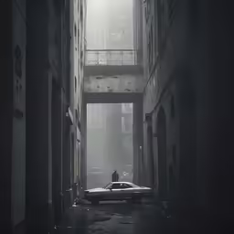 an old city street with a dark, shadowy building