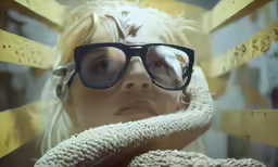 the blonde haired woman is wearing glasses and holding on to her hands