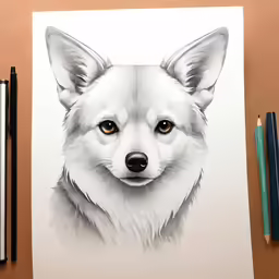 a drawing of a dog with orange eyes