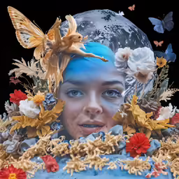 an image of a person in blue hair surrounded by flowers and butterflies