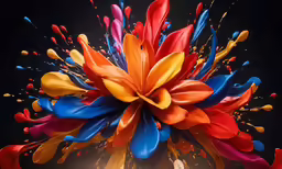 an orange, red and blue flower splashing water on it