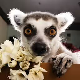 a close up of a dog with flowers behind him
