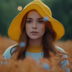 a woman wearing a yellow hat and blue shirt