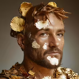a man with gold and white flowers around his head