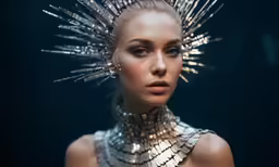 a young woman in a silver dress is wearing spiked spikes
